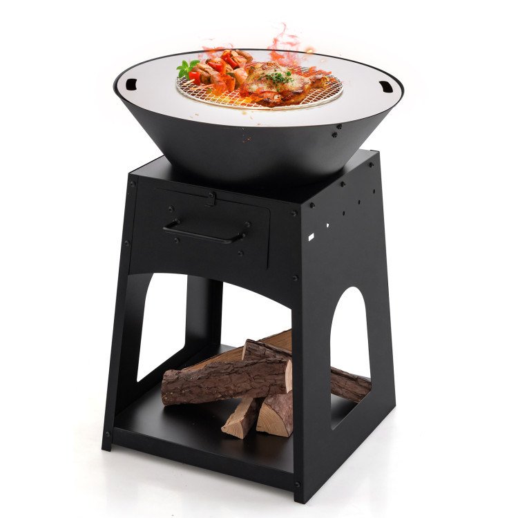 Patio Fire Pit with Firewood Log Rack with Grill and Ash Box Patio Fire Pit with Firewood Log Rack with Grill and Ash Box