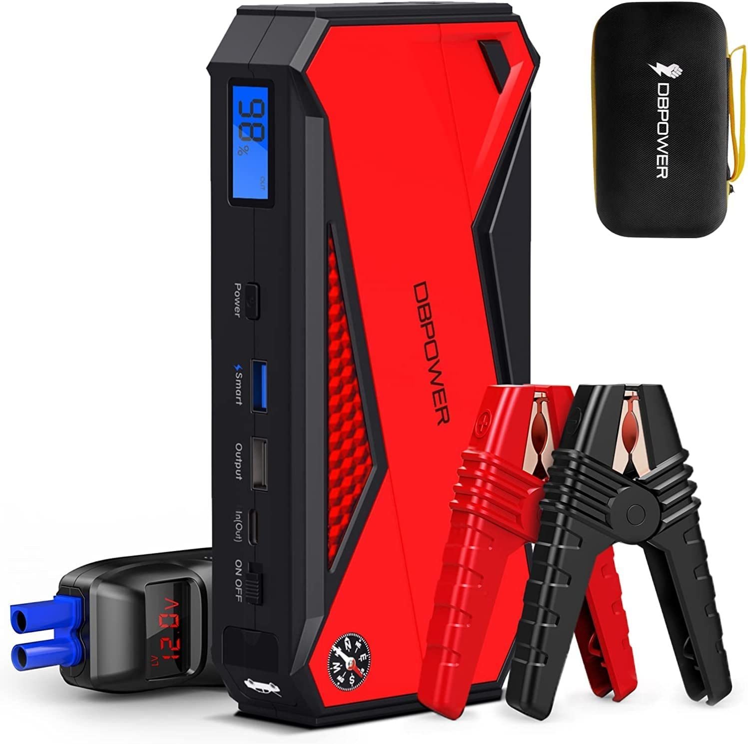 DBPOWER Peak 1600A 18000mAh Portable Car Jump Starter( up to 7.2 Gas; 5.5L Diesel Engines) Battery Booster with Smart Charging Port; LCD Display; I DBPOWER Peak 1600A 18000mAh Portable Car Jump Starter( up to 7.2 Gas; 5.5L Diesel Engines) Battery Booster with Smart Charging Port; LCD Display; I